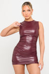 Wine Faux Leather Sleeveless Ruched Mini Dress