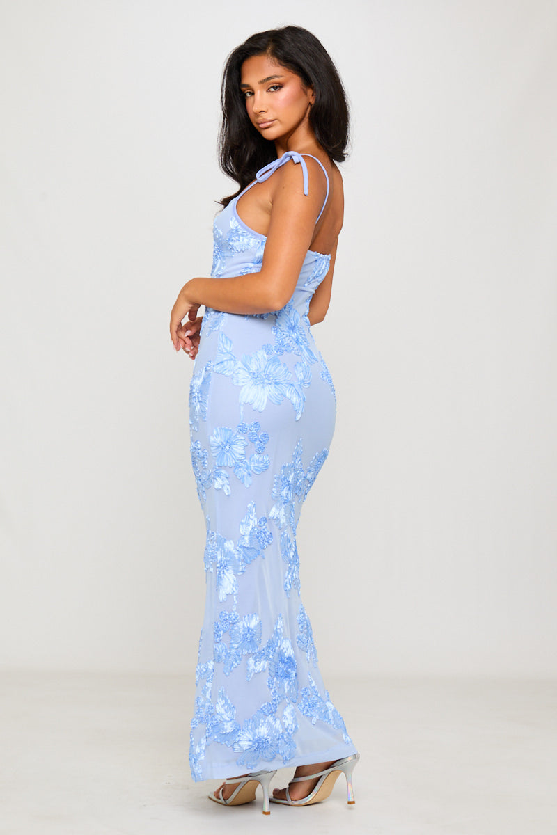 Blue Floral Embroidered Shoulder Tie Maxi Dress
