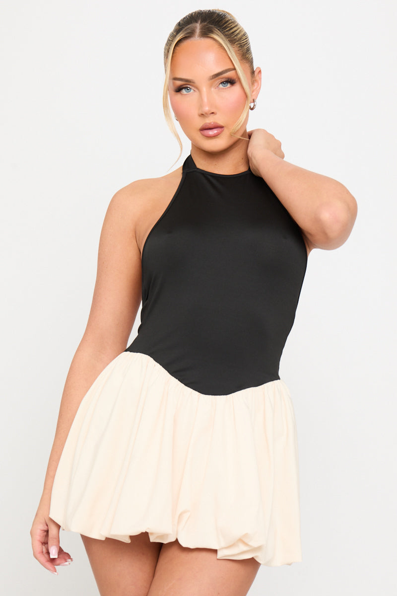 Black Contrast Drop Waist Backless Puffball Mini Dress | Nothingbutstyle Black Contrast Drop Waist Backless Puffball Mini Dress | Nothingbutstyle