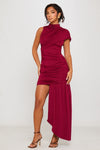 Burgundy High Neck Ruched Draped Mini Dress