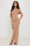 Taupe High Neck Ruched Draped Mini Dress