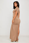 Taupe High Neck Ruched Draped Mini Dress