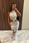White Crochet Halter Neck Cut Out Maxi Dress