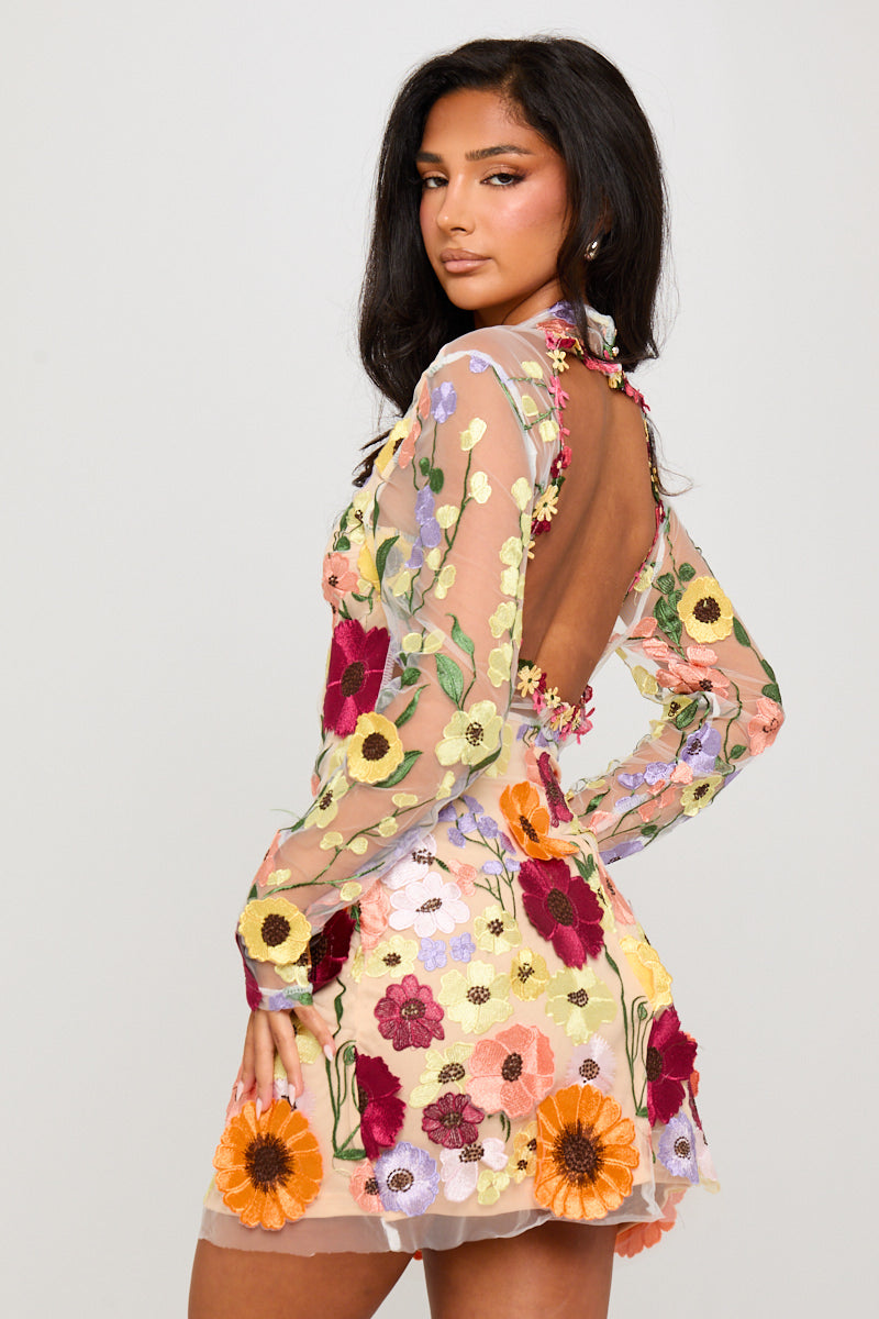 Nude Floral Embroidered Open Back Mini Dress