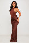 Brown Mock Neck Draped Asymmetric Maxi Dress