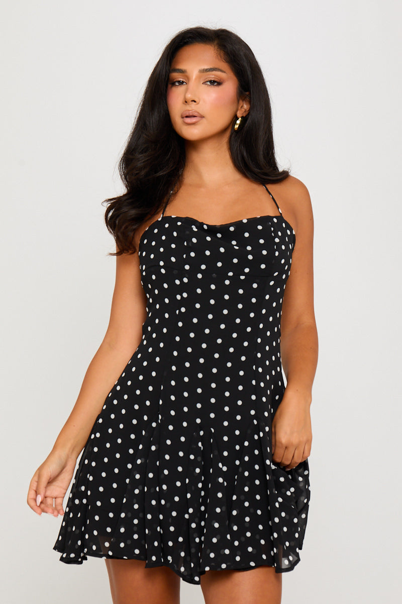Black Polka Dot Print Halter Neck Mini Dress