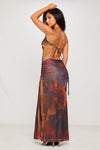 Brown Printed Flower Trim Backless Maxi Dress