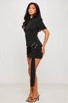 Black Draped Belt Short Sleeve Mini Dress