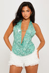 Green Sequin Plunge Halter Open Back Top