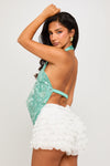 Green Sequin Plunge Halter Open Back Top