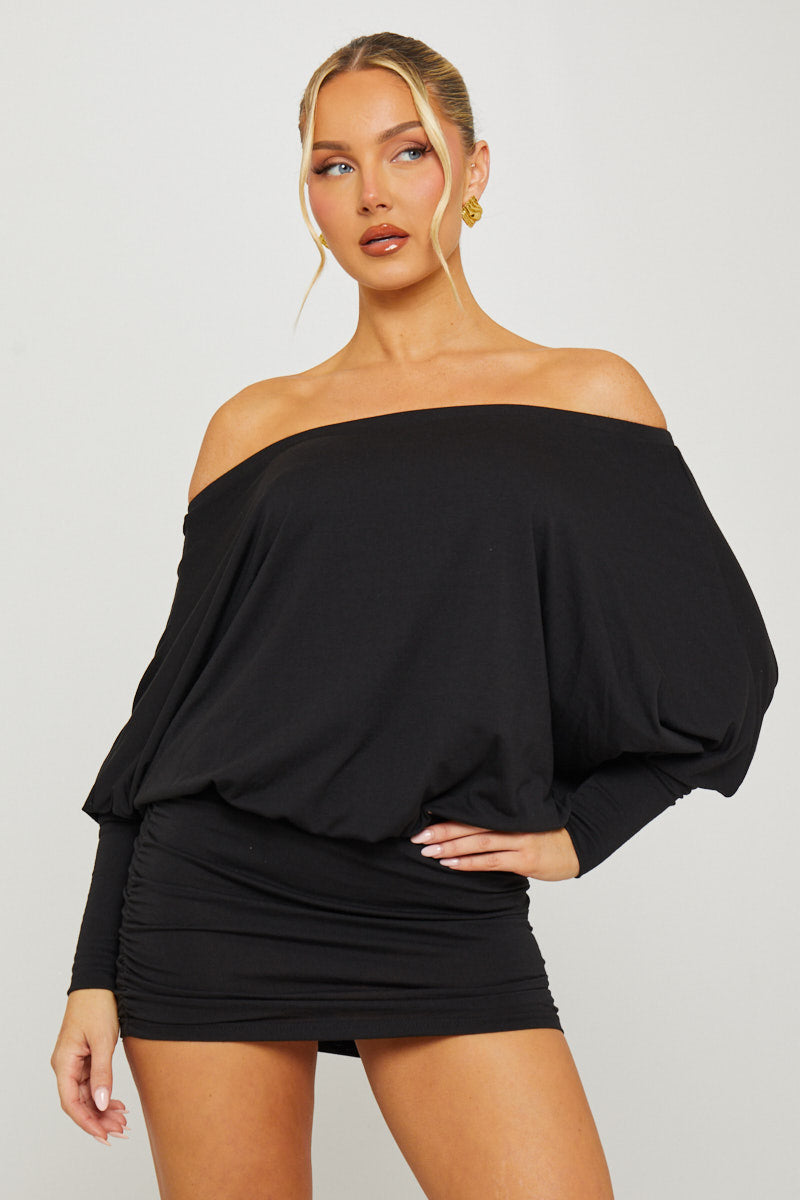 Black Off Shoulder Ruched Batwing Mini Dress | Nothingbutstyle Black Off Shoulder Ruched Batwing Mini Dress | Nothingbutstyle