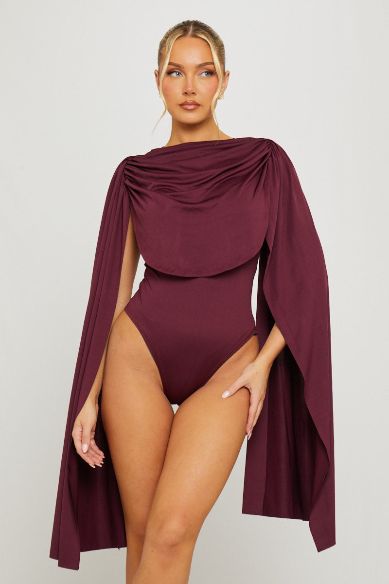 Burgundy Shoulder Draped Ruched Bodysuit