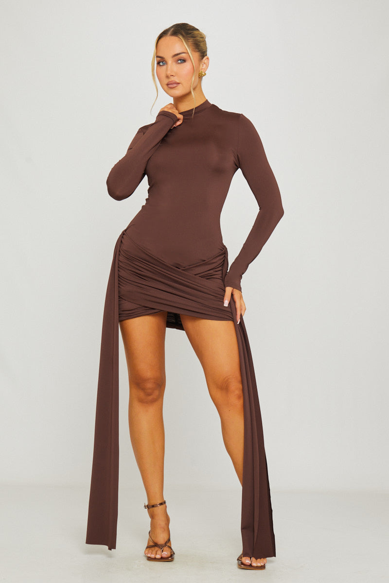 draped mini dress long sleeve Women's Black Mesh Long Sleeve Draped Mini Dress