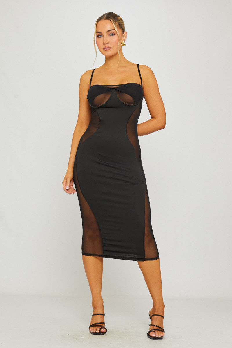 Black Mesh Panel Cut Out Underwired Midi Dress Black Mesh Panel Cut Out Underwired Midi Dress