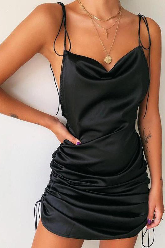 black satin cowl ruched mini dress Ellery Cowl Neck Ruched Mini Dress