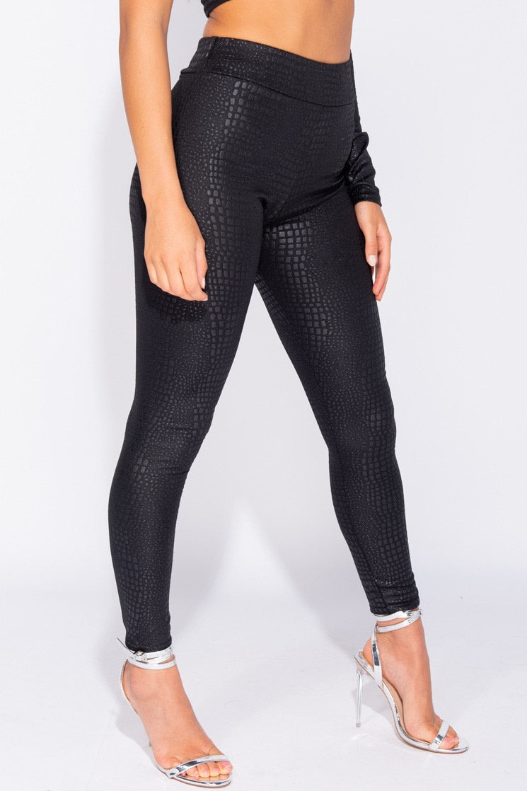 Black Crocodile Print High Waisted Leggings