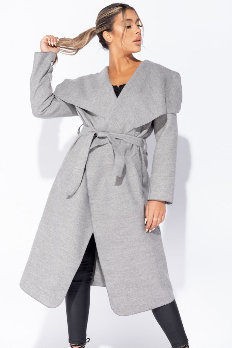 Light Grey Oversized Belted Waterfall Coat Nothingbutstyle