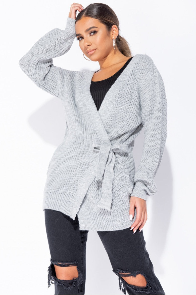 Light Grey Knitted Tie Front Mid Length Cardigan Nothingbutstyle