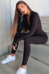 Black Ribbed High Neck Zip Front Jumpsuit