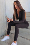 Black Ribbed High Neck Zip Front Jumpsuit