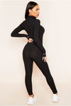 Black Ribbed High Neck Zip Front Jumpsuit