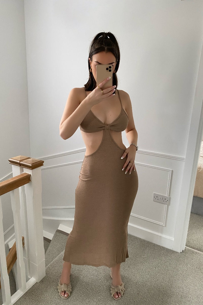 Sand Sheer Knit Cut Out Maxi Dress