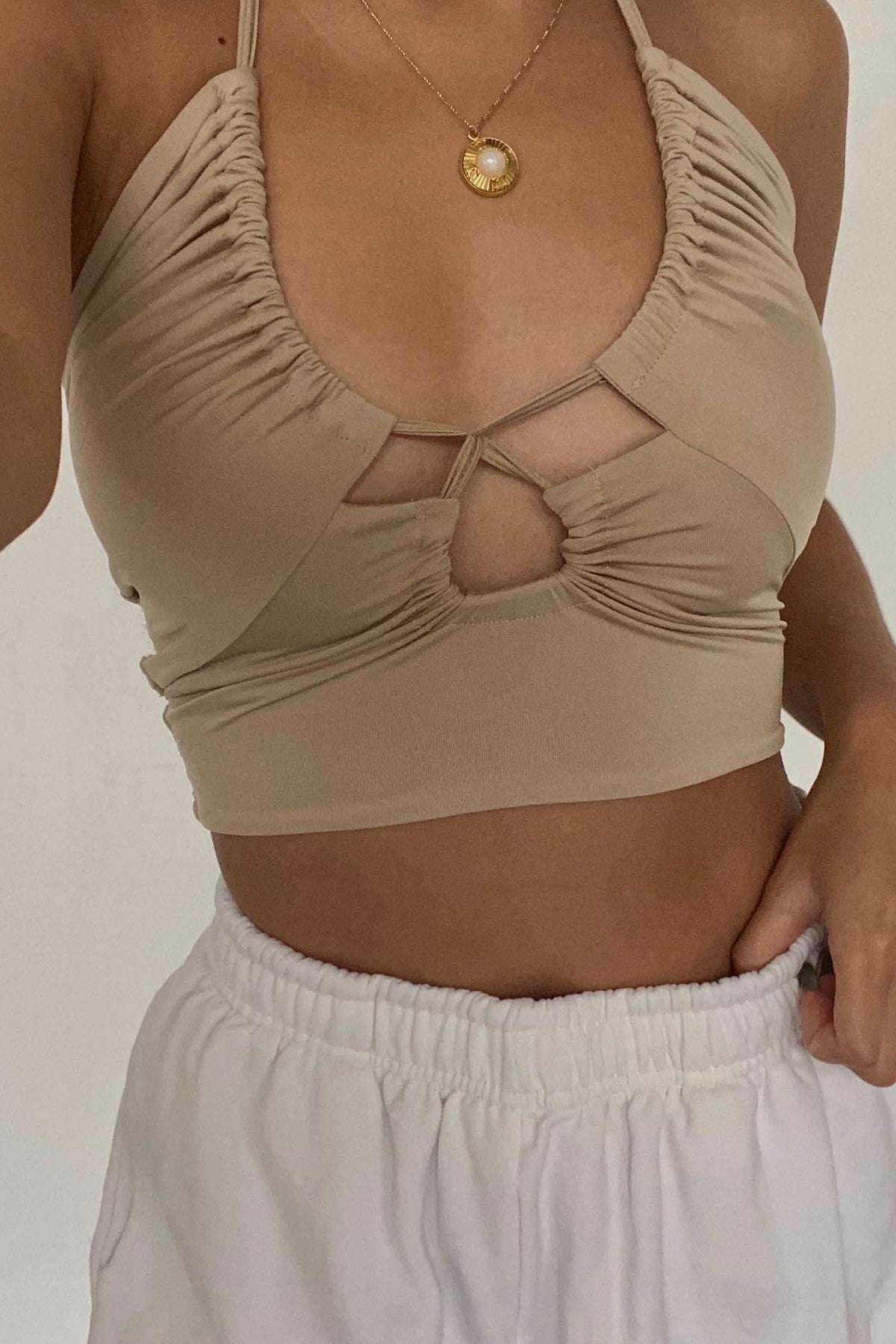 Beige Ruched Cut Out Halterneck Top