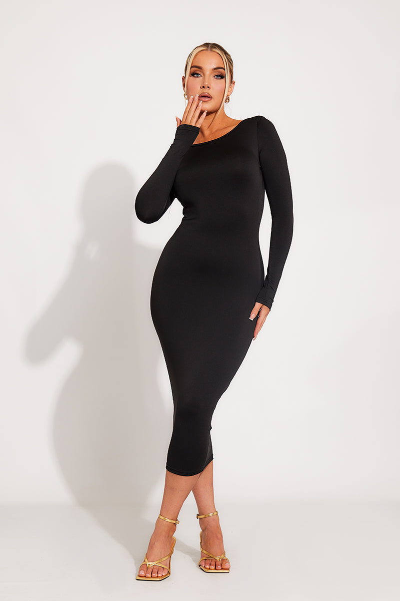 Black Scoop Neck Backless Long Sleeve Midi Dress | Nothingbutstyle Black Scoop Neck Backless Long Sleeve Midi Dress | Nothingbutstyle