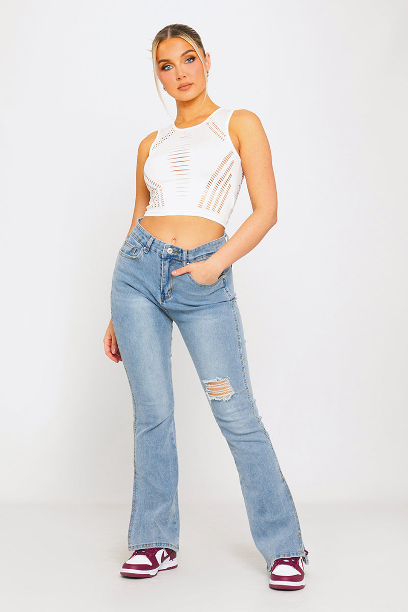 White Multi Cut Out Sleeveless Racer Crop Top