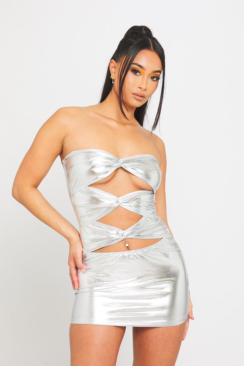 Silver Metallic Ruched Cut Out Detail Bandeau Mini Dress | Nothingbutstyle Silver Metallic Ruched Cut Out Detail Bandeau Mini Dress | Nothingbutstyle