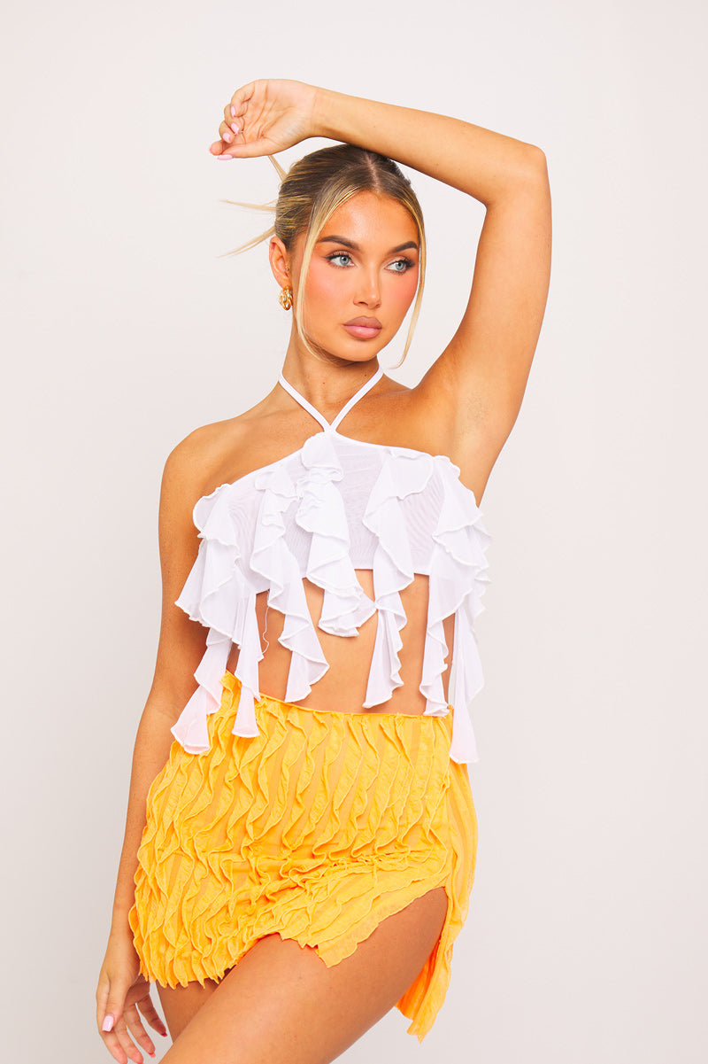 White Halterneck Sheer Ruffle Detail Crop Top