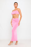 Pink Slinky Ruched Spaghetti Crop Top & Midi Skirt Co-Ord