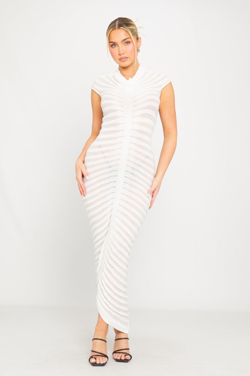 White High Neck Sheer Knit Tube Short Sleeve Midi Dress | Nothingbutstyle White High Neck Sheer Knit Tube Short Sleeve Midi Dress | Nothingbutstyle