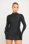 Black High Neck Long Sleeve Mini Dress With Gloves
