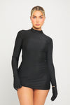 Black High Neck Long Sleeve Mini Dress With Gloves