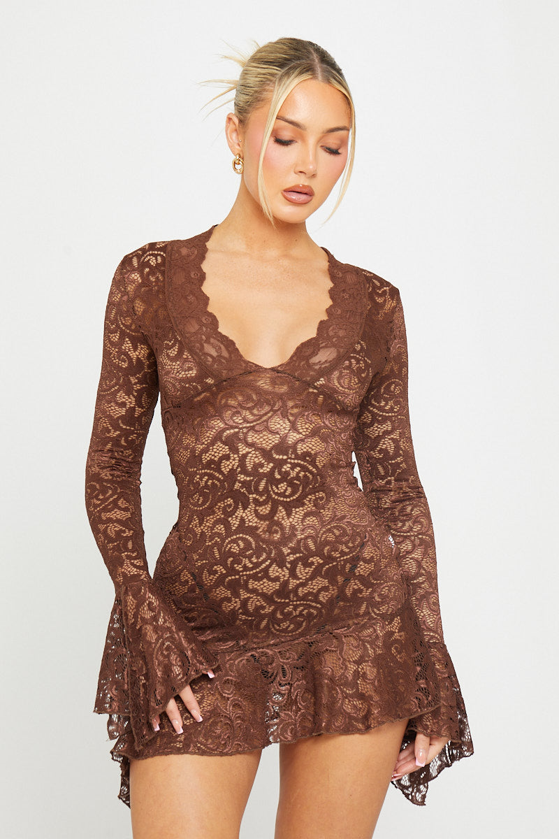 Brown Sheer Lace Plunge Flared Sleeve Mini Dress | Nothingbutstyle Brown Sheer Lace Plunge Flared Sleeve Mini Dress | Nothingbutstyle