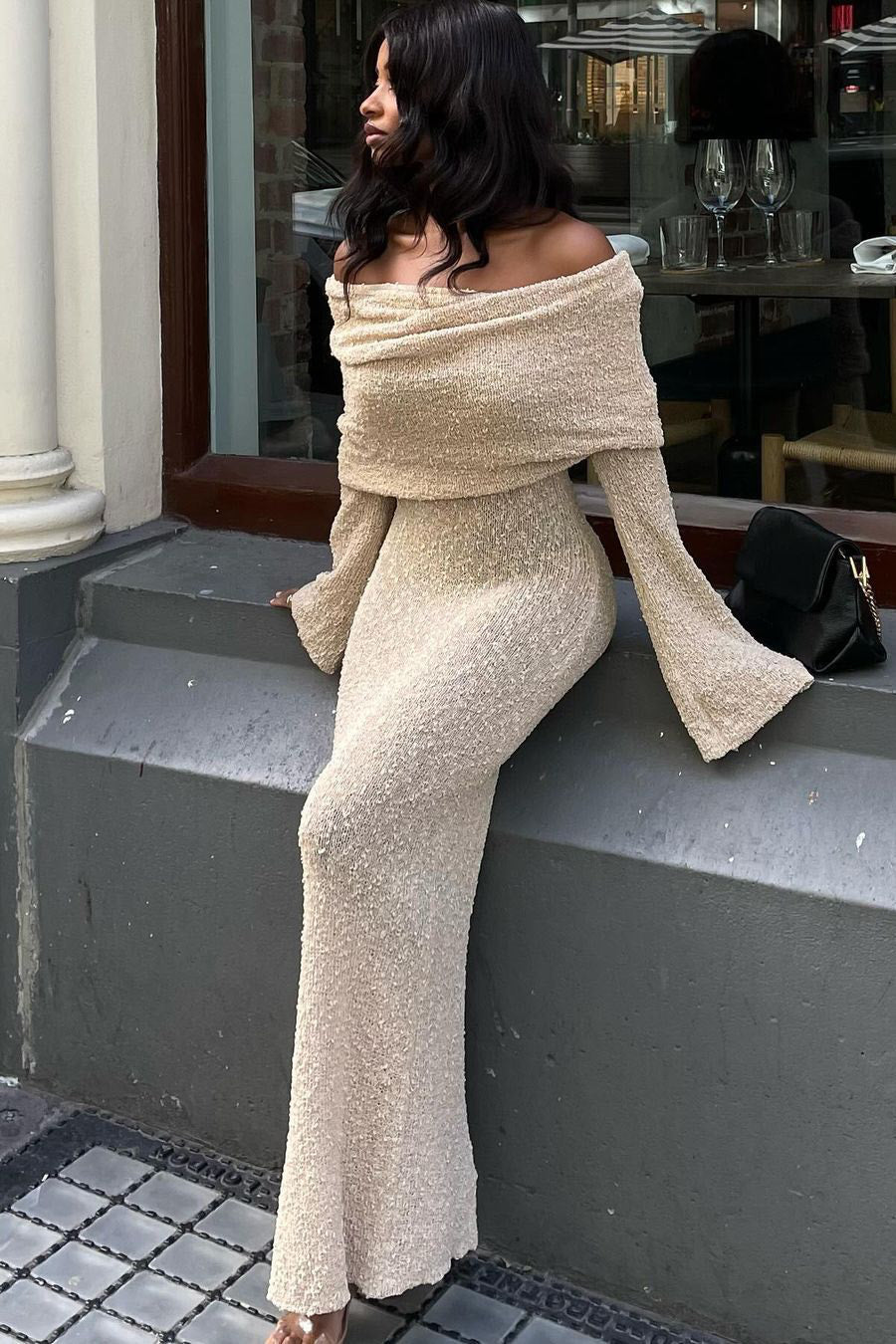 off shoulder boucle maxi dress Ormany frayed off-the-shoulder boucl maxi dress - ecru