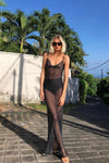 Black Semi Sheer Polka Dot Cowl Neck Maxi Dress