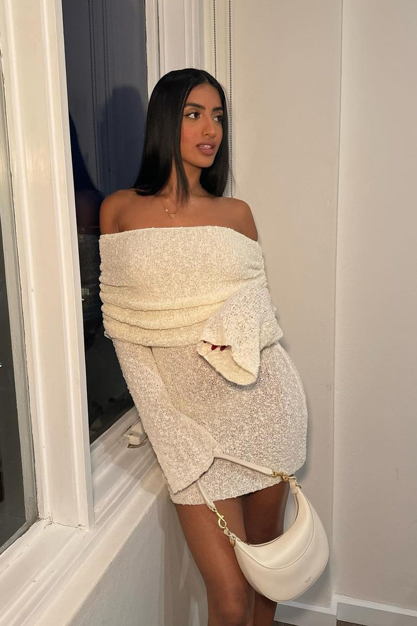 Ivory Knit Off Shoulder Boucle Mini Dress | Nothingbutstyle Ivory Knit Off Shoulder Boucle Mini Dress | Nothingbutstyle