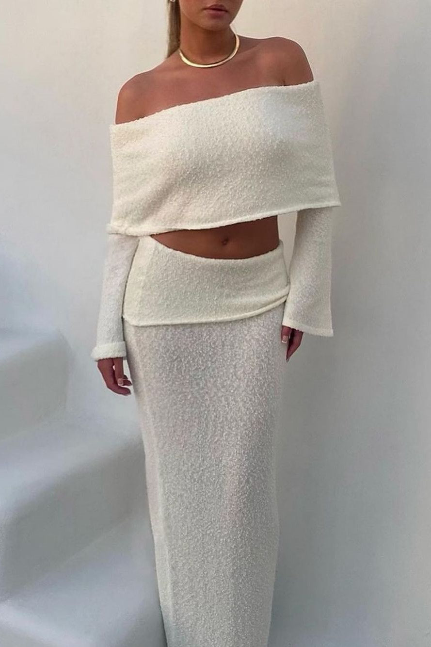 Ivory Knit Off Shoulder Boucle Top Maxi Skirt Co-Ord
