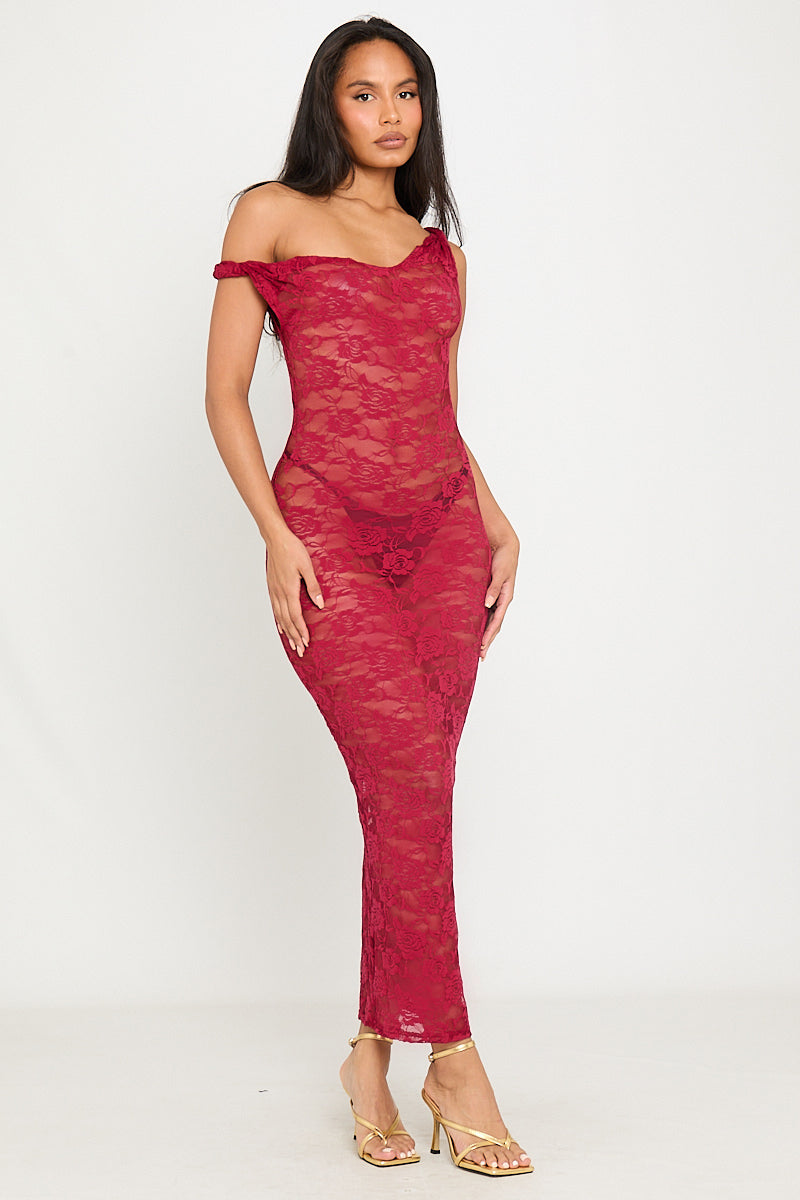 Wine Sheer Lace Twist Detail Asymmetric Maxi Dress | Nothingbutstyle Wine Sheer Lace Twist Detail Asymmetric Maxi Dress | Nothingbutstyle