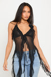 Black Sheer Mesh Plunge Halter Neck Ruffle Top