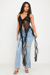 Black Sheer Mesh Plunge Halter Neck Ruffle Top