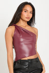 Wine Faux Leather Twist One Shoulder Top