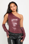 Wine Faux Leather Ruched One Shoulder Top With Sleeves