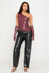 Wine Faux Leather Ruched One Shoulder Top With Sleeves