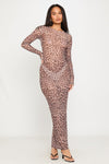 Leopard Print Sheer Mesh Long Sleeve Maxi Dress