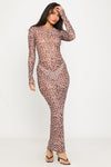 Leopard Print Sheer Mesh Long Sleeve Maxi Dress