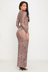 Leopard Print Sheer Mesh Long Sleeve Maxi Dress