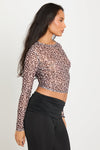 Leopard Print Sheer Mesh Long Sleeve Crop Top